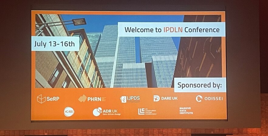 A presentation slide that reads 'Welcome to IPDLN Conference, July 13th-16th. A range of sponsors are listed including ADR UK